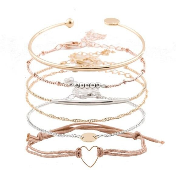 Layered bracelet set beaded bangles adjustable stackable wrap charm jewelry wome - Picture 1 of 6